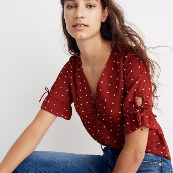 MADEWELL DAYLIGHT TIE SLEEVE TOP IN POLKA DOTS NWT - Picture 3 of 11